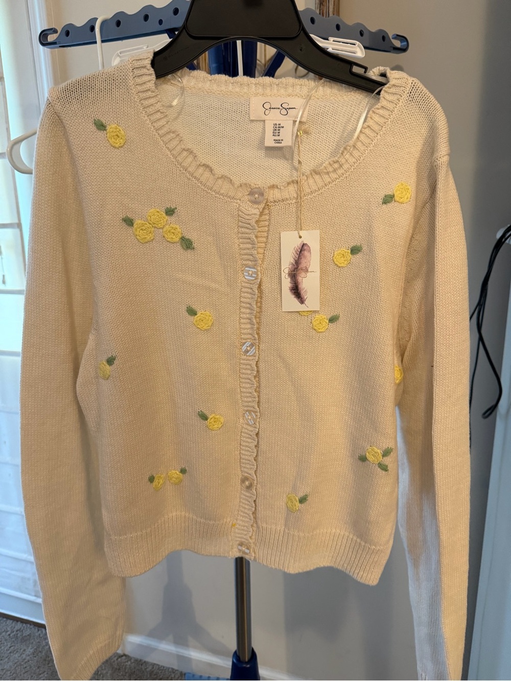 Jessica Simpson Cream Knit Cardigan with Yellow Rose Embroidery